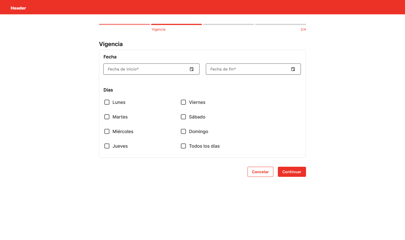 Vigencia: fechas y días de la semana