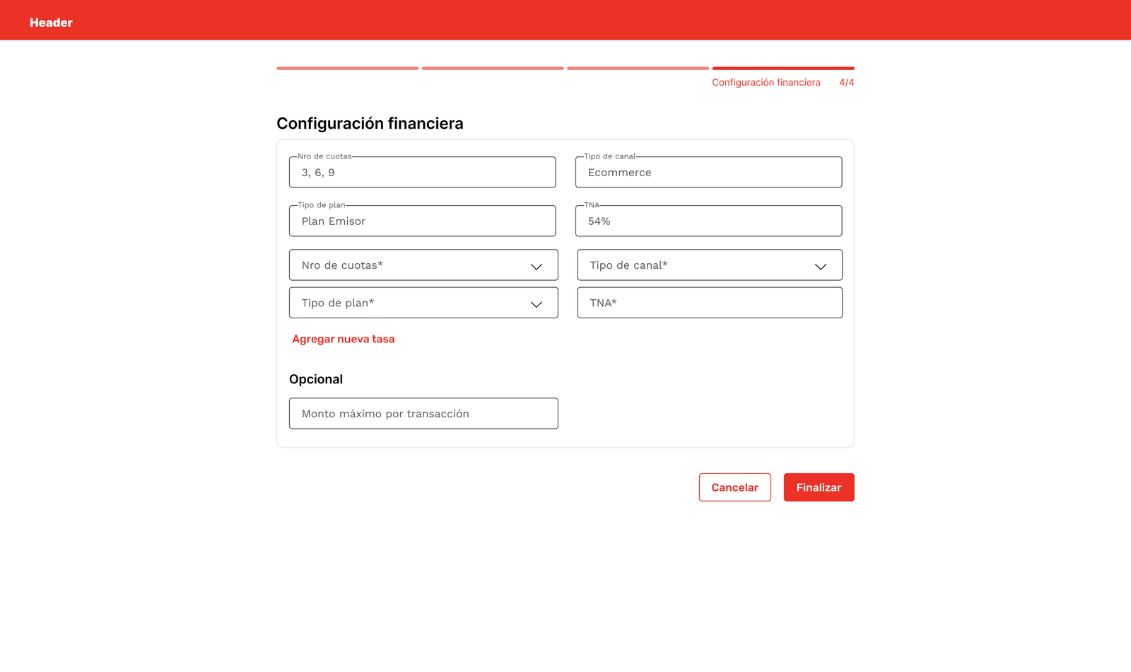 Configuración financiera: cuotas, tipo de canal, tipo de plan y tasa